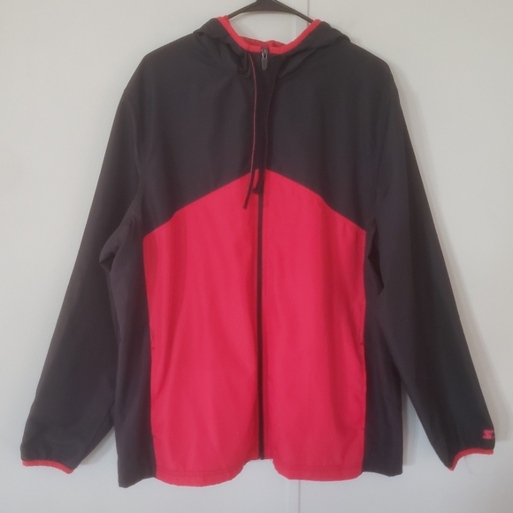 Men's Starter Black and Red Hooded Windbreaker Zip Up Jacket - Picture 2 of 10